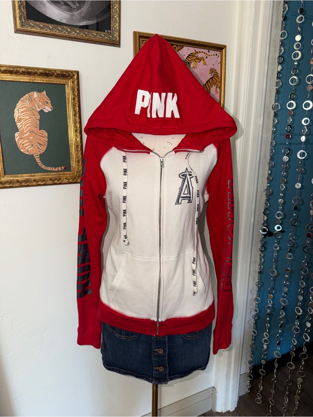 PINK Victoria's Secret Angels Baseball Red & White Zip-Up Hoodie